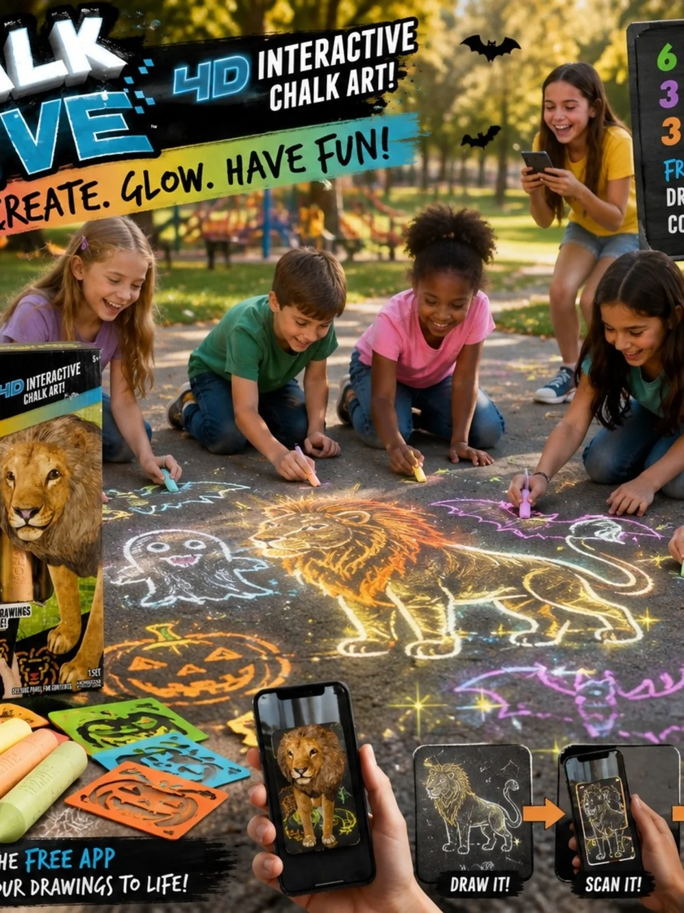 Interactive Glow Chalk Art Kit for Kids - Multicolor NIB